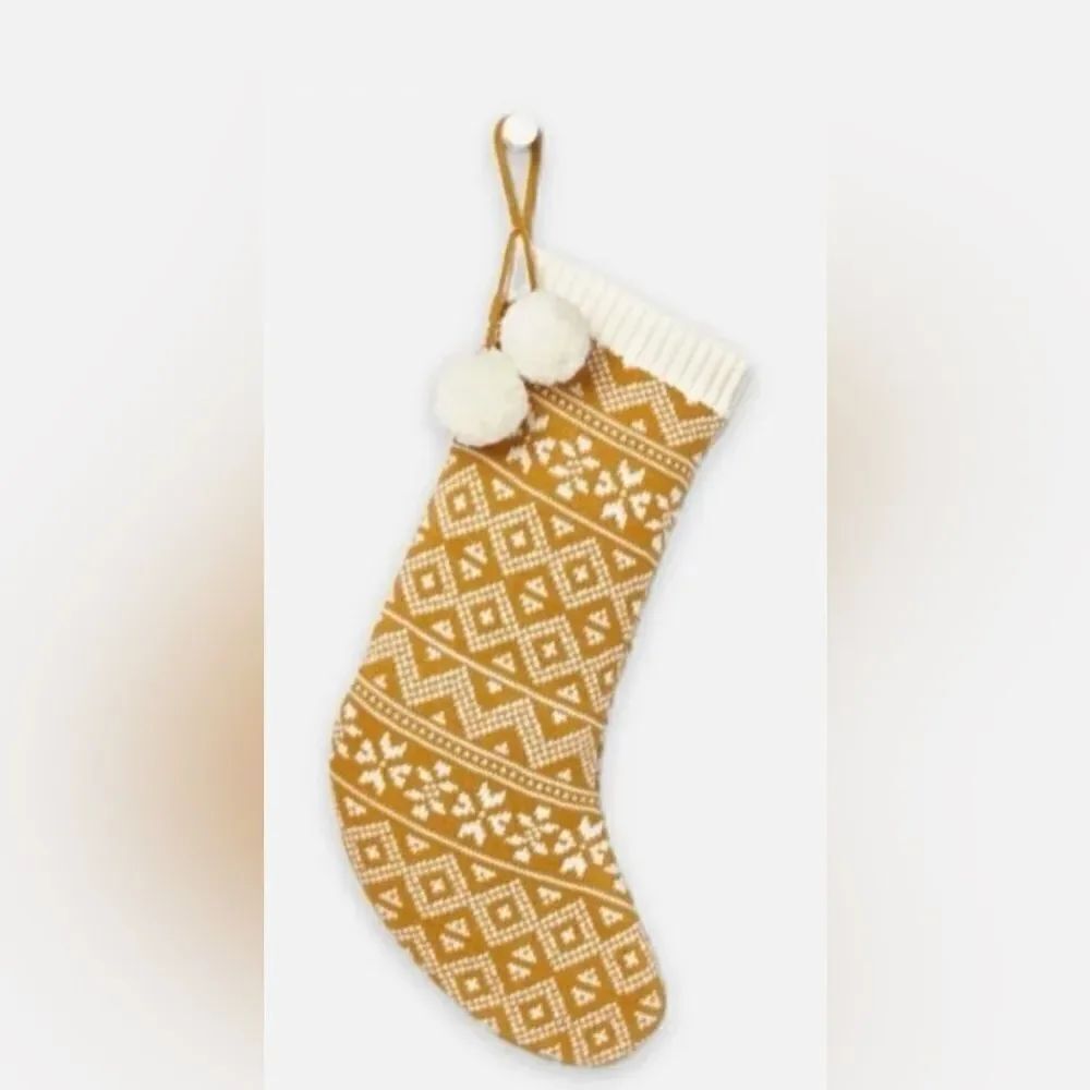 Wondershop 20" Fair Isle Knit Christmas Stocking - Golden Ochre with PomPoms NEW